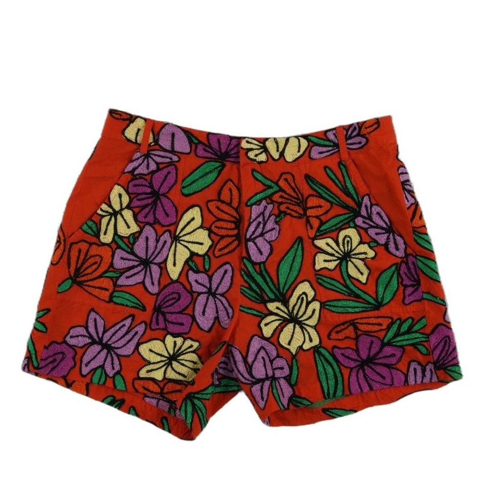 Roller Rabbit‎ 100% Cotton Shorts Women's Size Medium Red Floral Embroidered